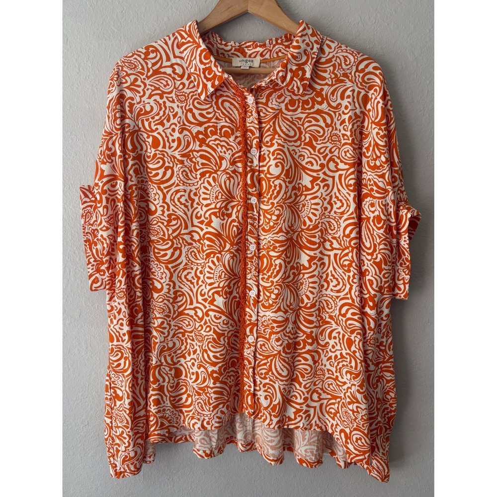 Umgee Womens Orange Paisley Print Button Down Shirt Large Oversized Boho Fringe